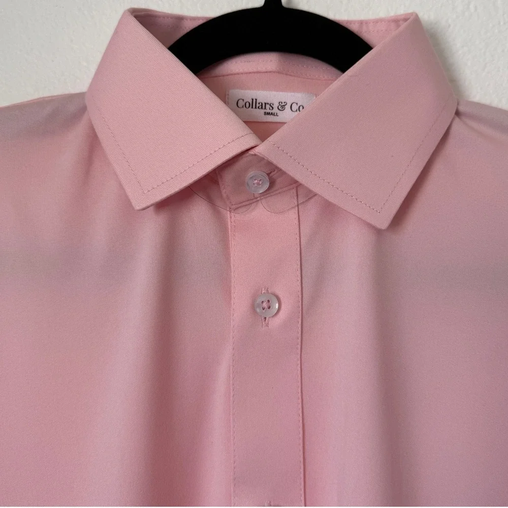 Collars & Co Mens Dress Collar Polo Shirt Pink Long Sleeve Button Down Small